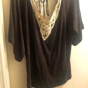 Chocolate brown v neck batwing top with tie back